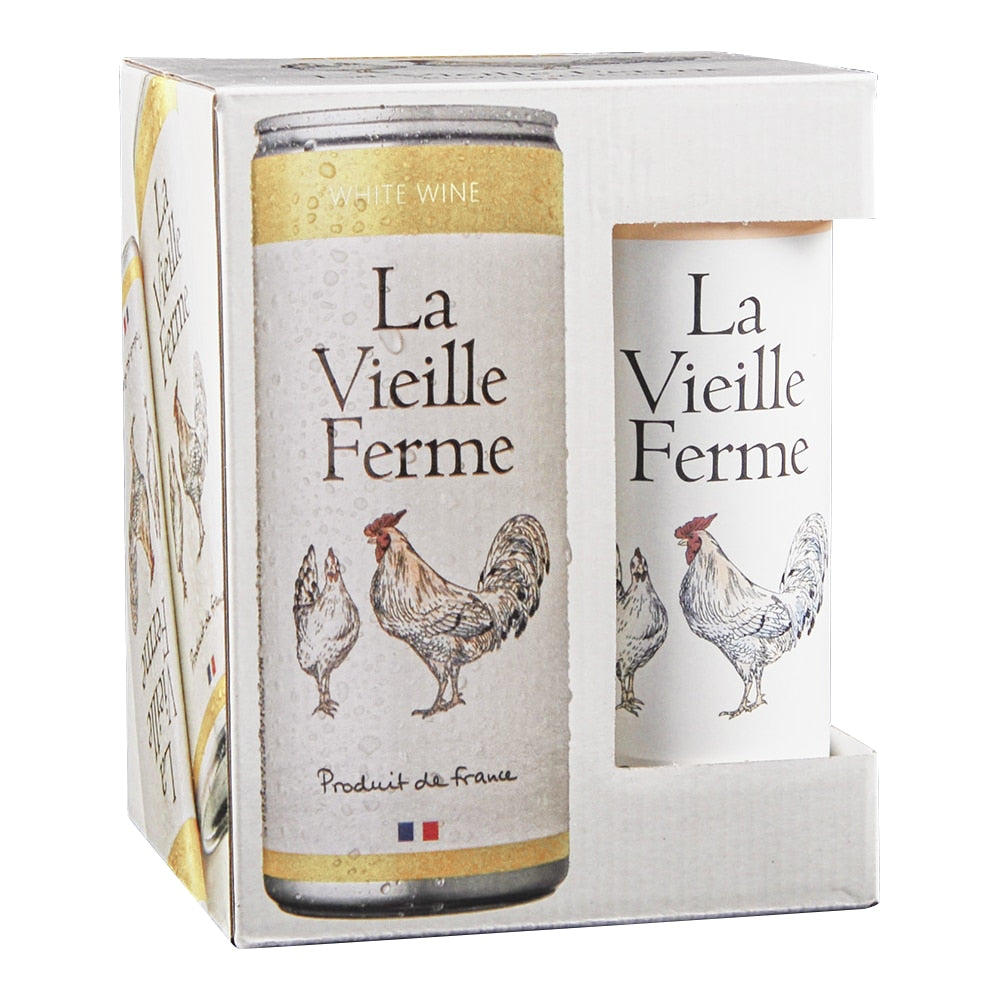 La Vieille Ferme Blanc 4 pack can Famille Perrin French white wine bottle.