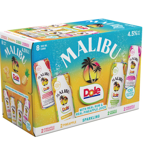 Malibu & Dole Sparkling Cocktail Variety Pack 8 Pack with eight 355ml ready-to-drink rum cocktail cans.