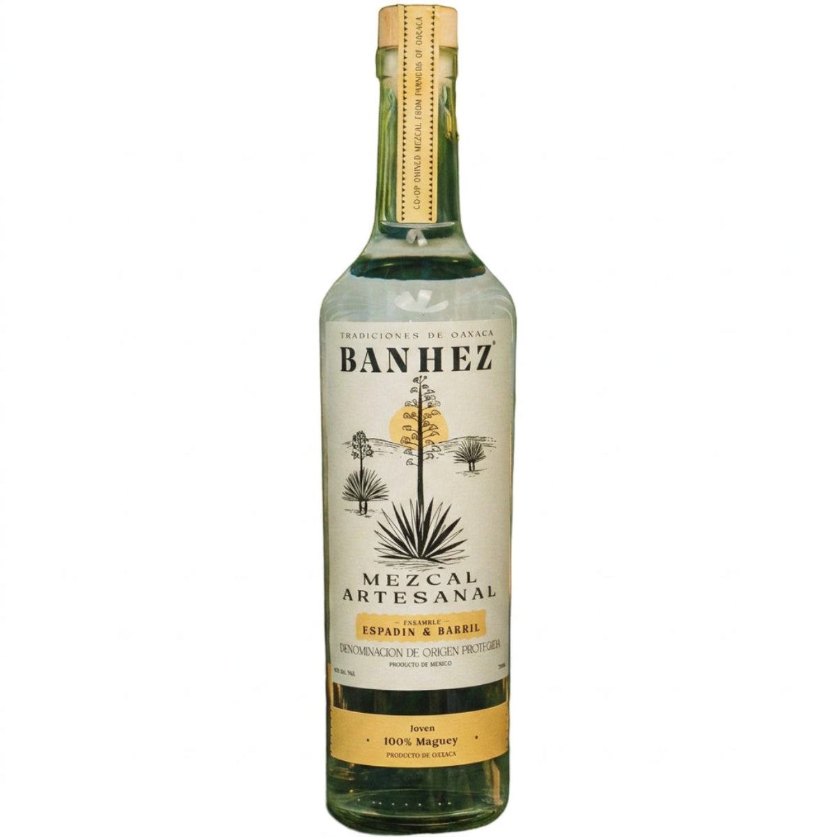 Bottle of Banhez Espadin Barril Mezcal, an ensamble mezcal from Oaxaca, Mexico