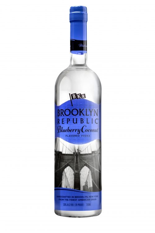Bottle of Brooklyn Republic Blueberry Coconut Vodka, a flavored vodka from New York, 750ml