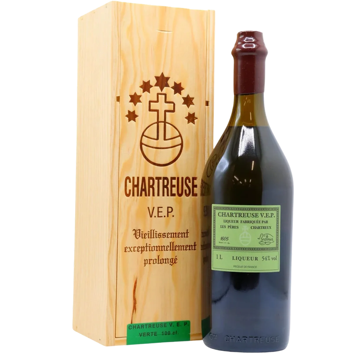 Bottle of Chartreuse Green VEP Verte, an aged herbal liqueur from France, 1L