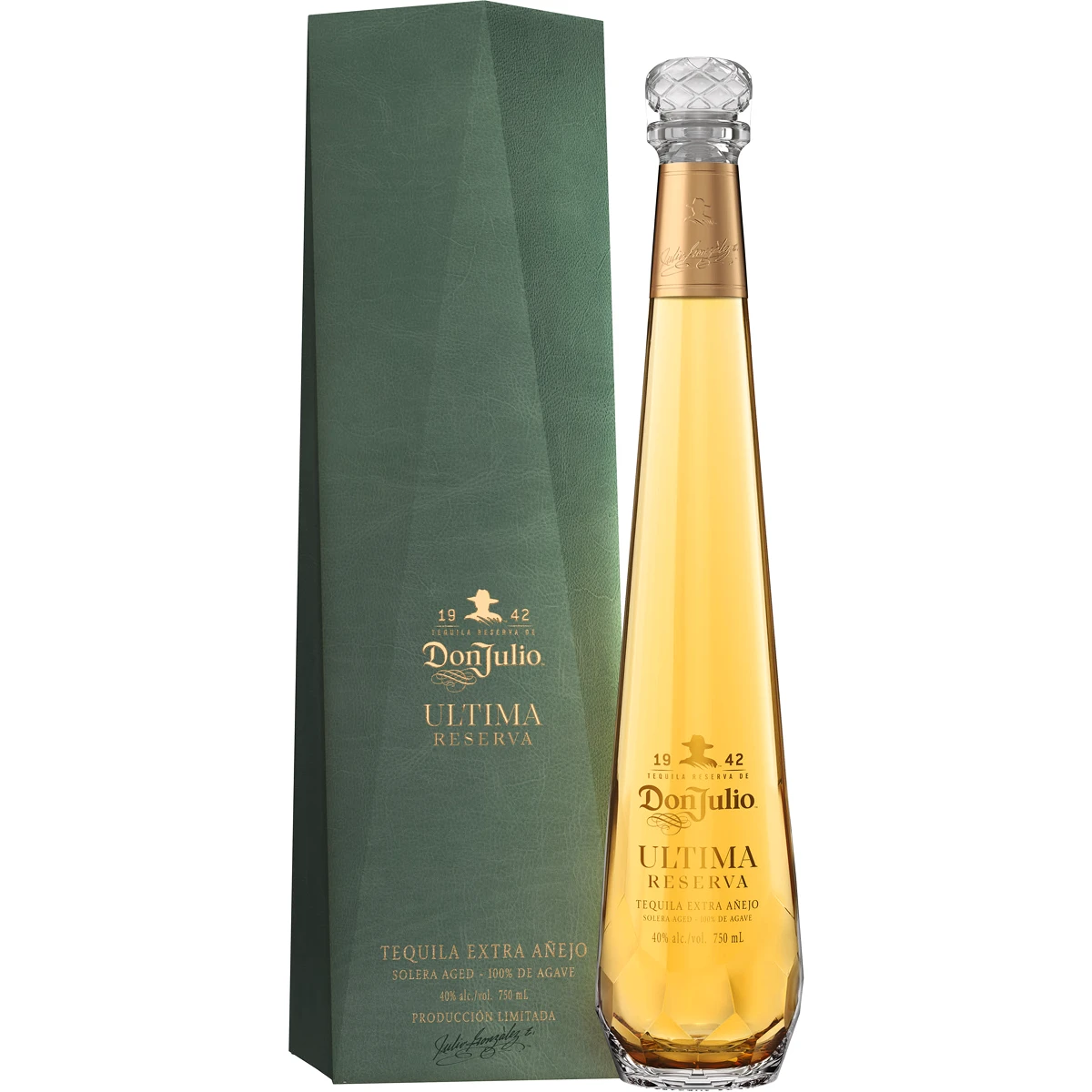 Bottle and gift box of Don Julio Ultima Reserva Extra Anejo Tequila, an extra añejo tequila from Jalisco, Mexico, 750ml
