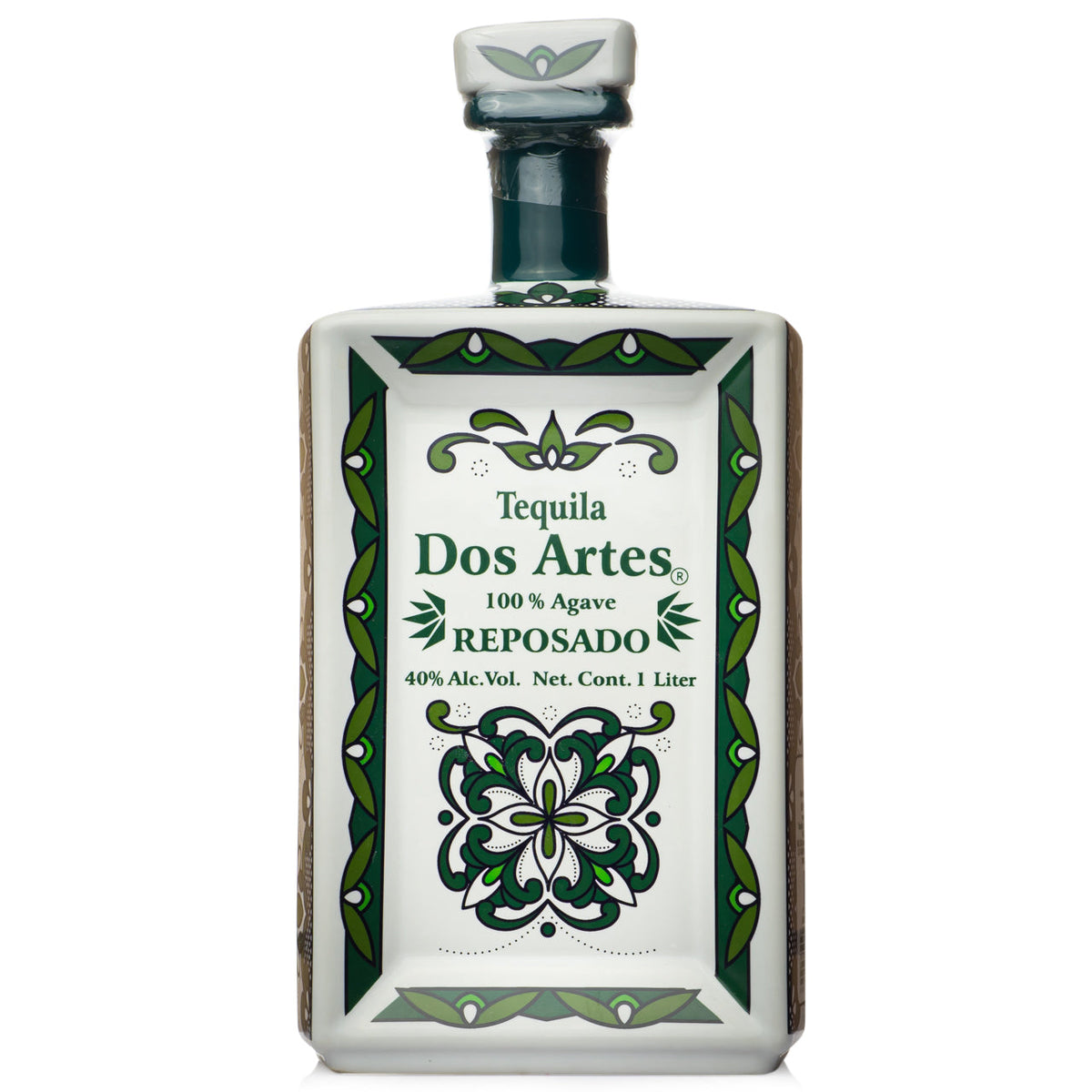 Hand-painted ceramic bottle of Dos Artes Reposado, a reposado tequila from Jalisco, Mexico, 1L