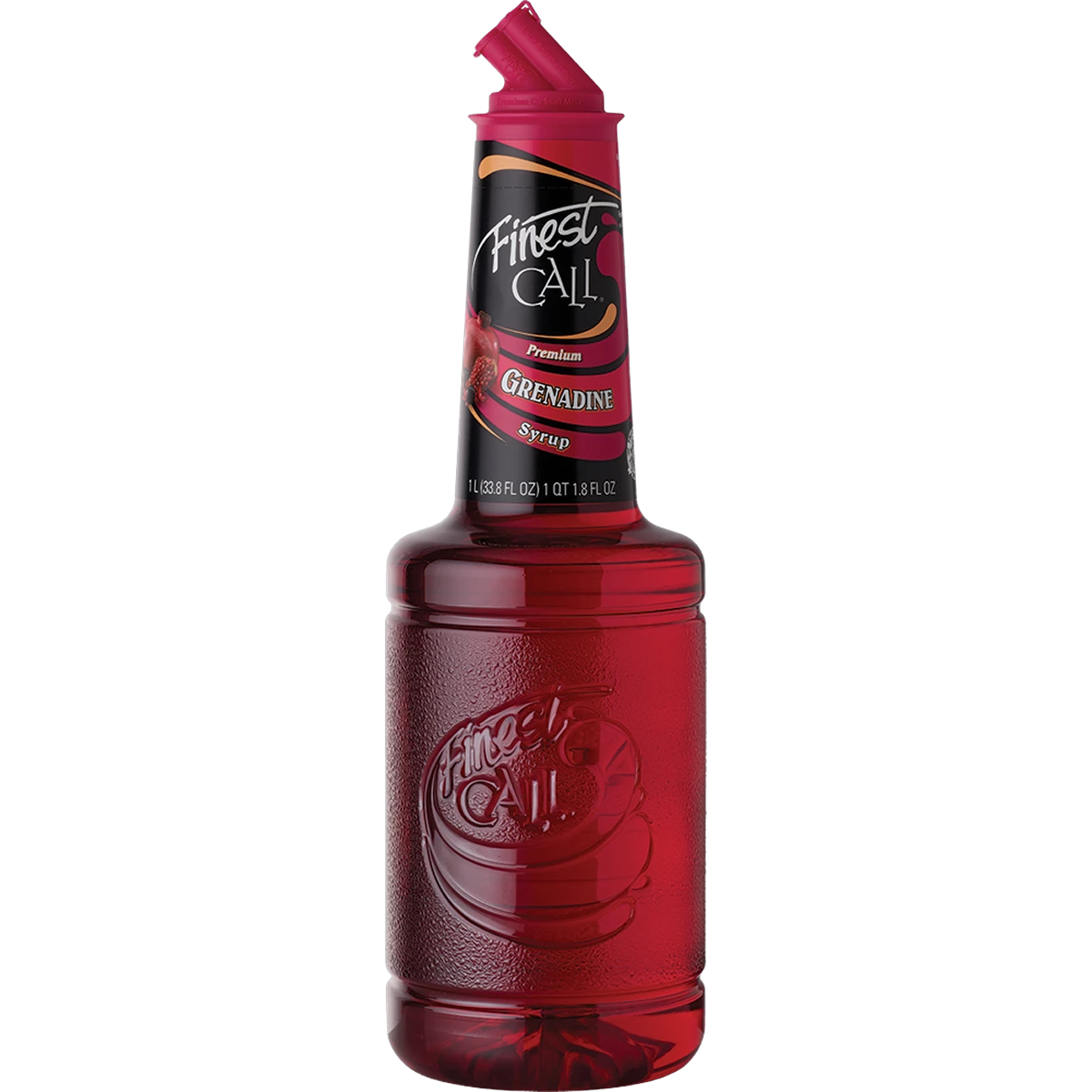 Bottle of Finest Call Grenadine Syrup, a non-alcoholic cocktail syrup, 1L