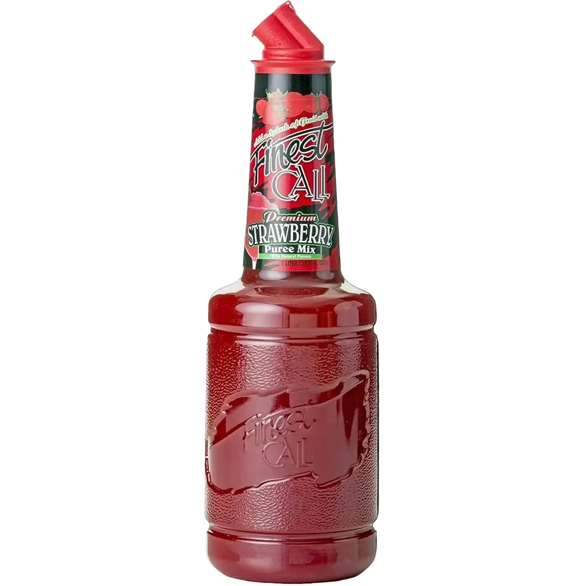 Bottle of Finest Call Strawberry Puree Mix, a non-alcoholic cocktail mixer, 1L