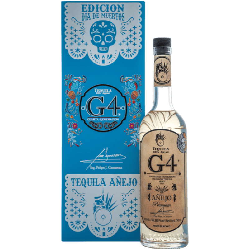 Bottle and blue wooden box of G4 Anejo de Madera Dia de Muertos 2025, an añejo tequila from Jalisco, Mexico, 750ml