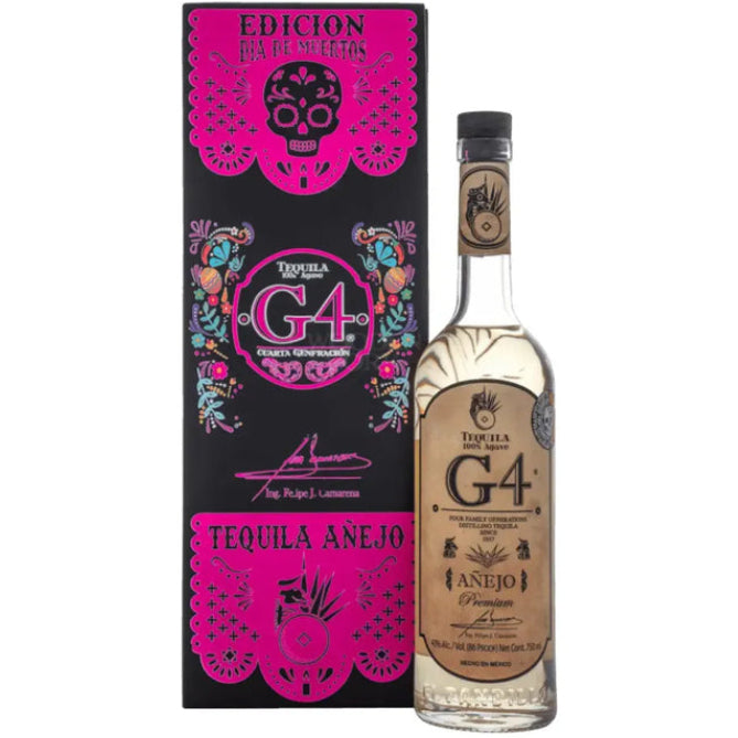 Bottle and purple wooden box of G4 Anejo de Madera Dia de Muertos 2025, an añejo tequila from Jalisco, Mexico, 750ml