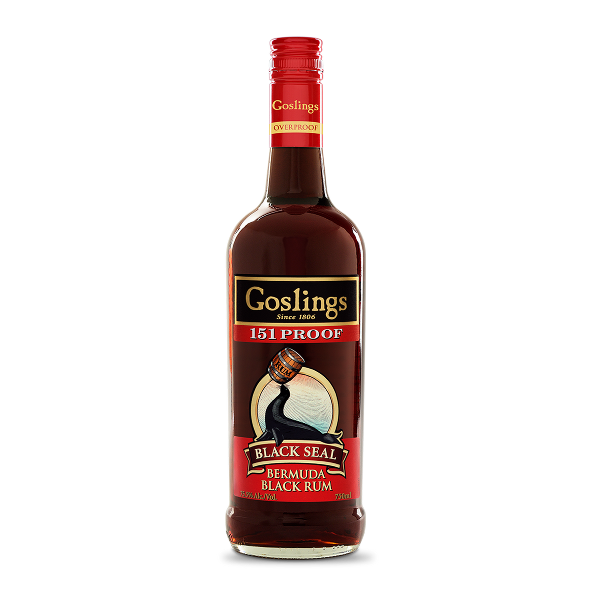 Bottle of Goslings Black Seal 151 Rum, an overproof dark rum from Bermuda, 1L
