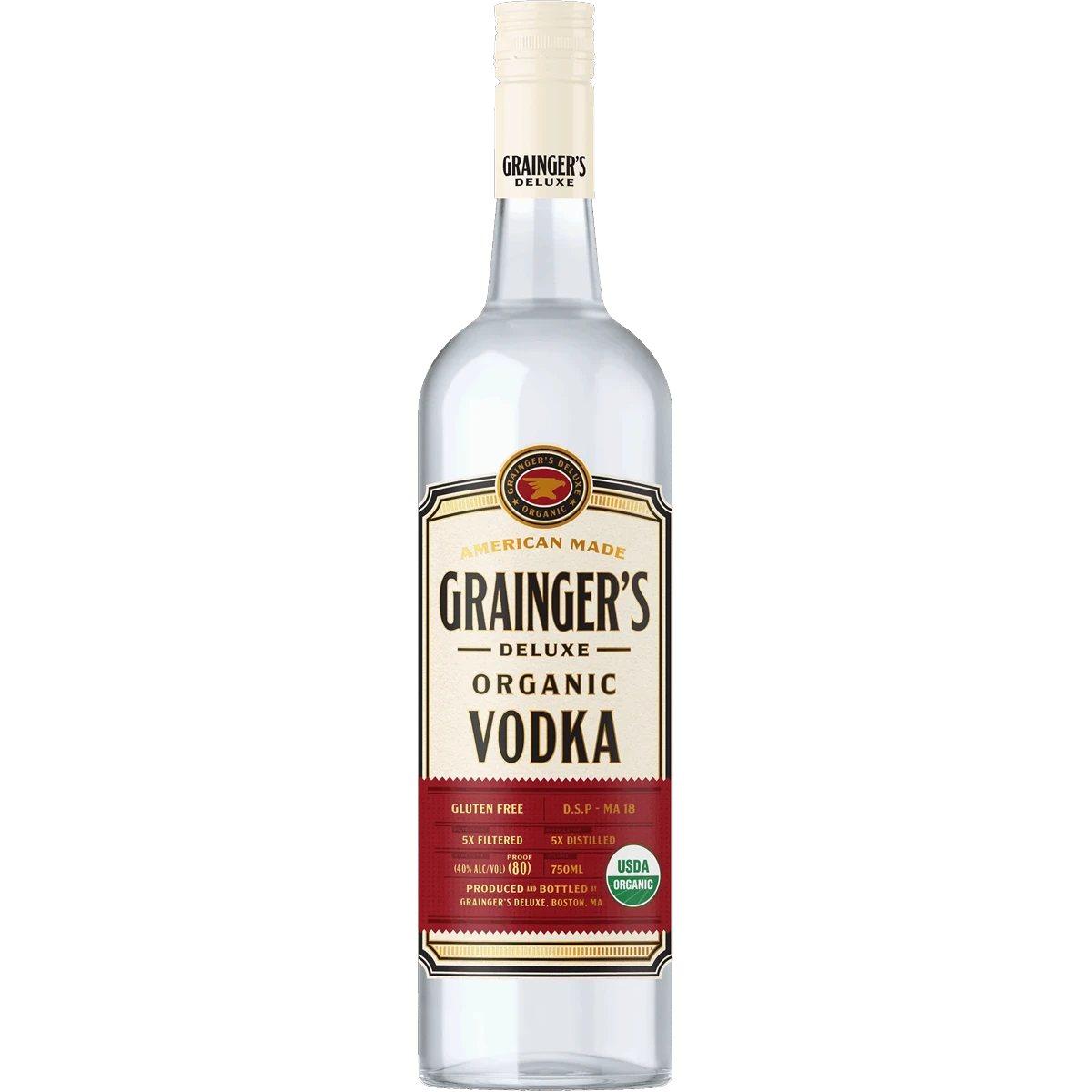 Bottle of Grainger's Deluxe Organic Vodka, an organic vodka from the United States