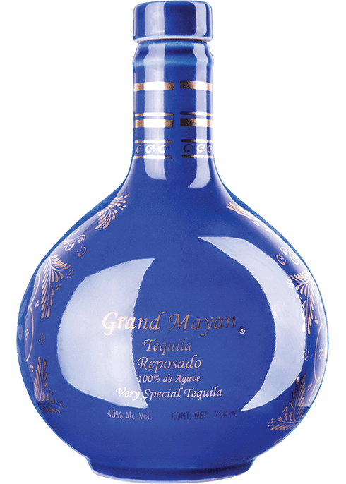 Hand-painted ceramic decanter of Grand Mayan Reposado Tequila, a reposado tequila from Jalisco, Mexico, 750ml