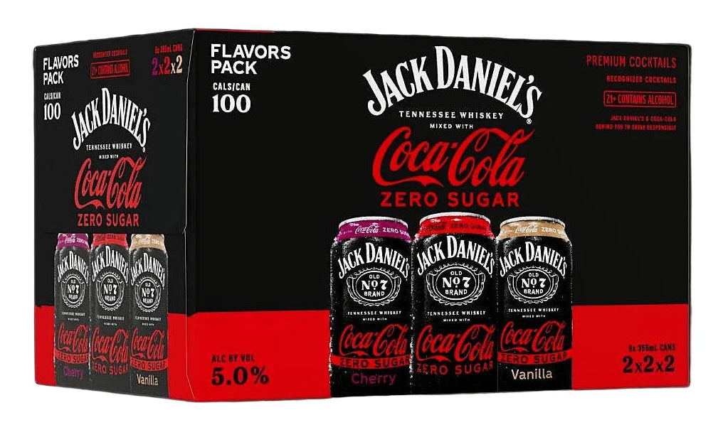 Jack Daniel's & Coca-Cola Zero Sugar Variety Pack 6 Pack with 355ml ready-to-drink whiskey cocktail cans.