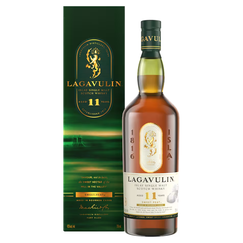Bottle of Lagavulin 11 Year Sweet Peat Single Malt Scotch Whisky, a peated single malt from Islay, Scotland, 750ml