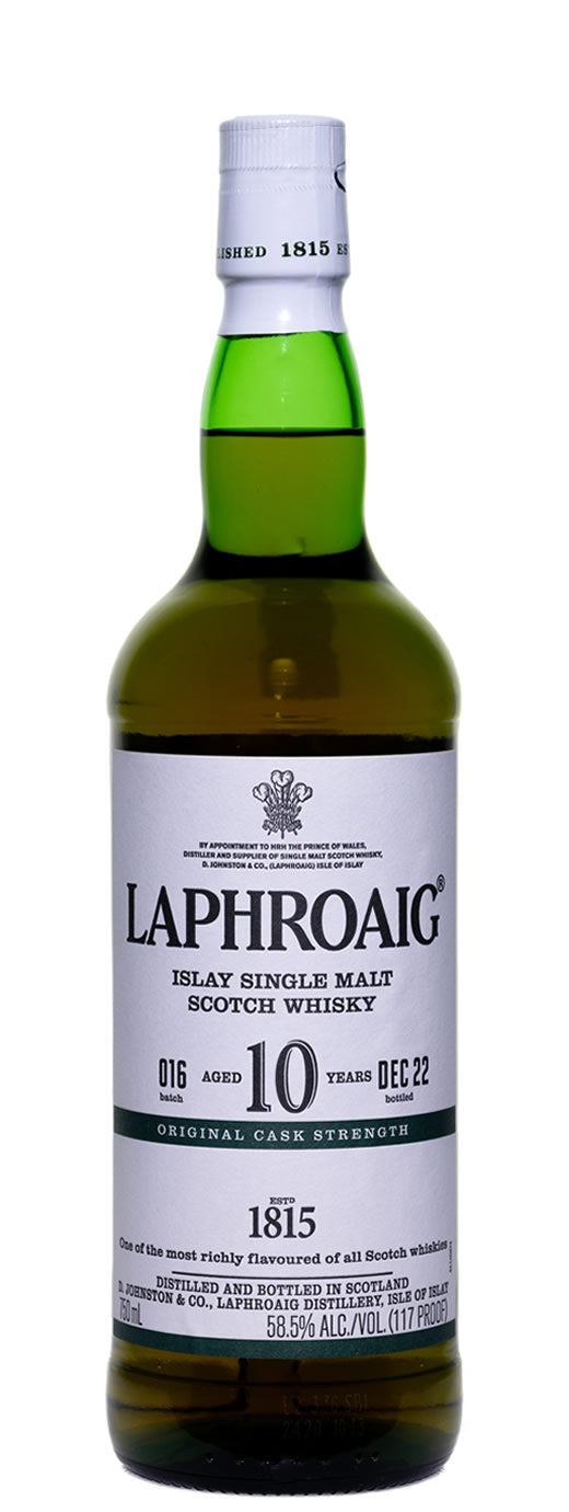 Bottle of Laphroaig 10 Year Cask Strength Batch 016, an Islay single malt Scotch whisky