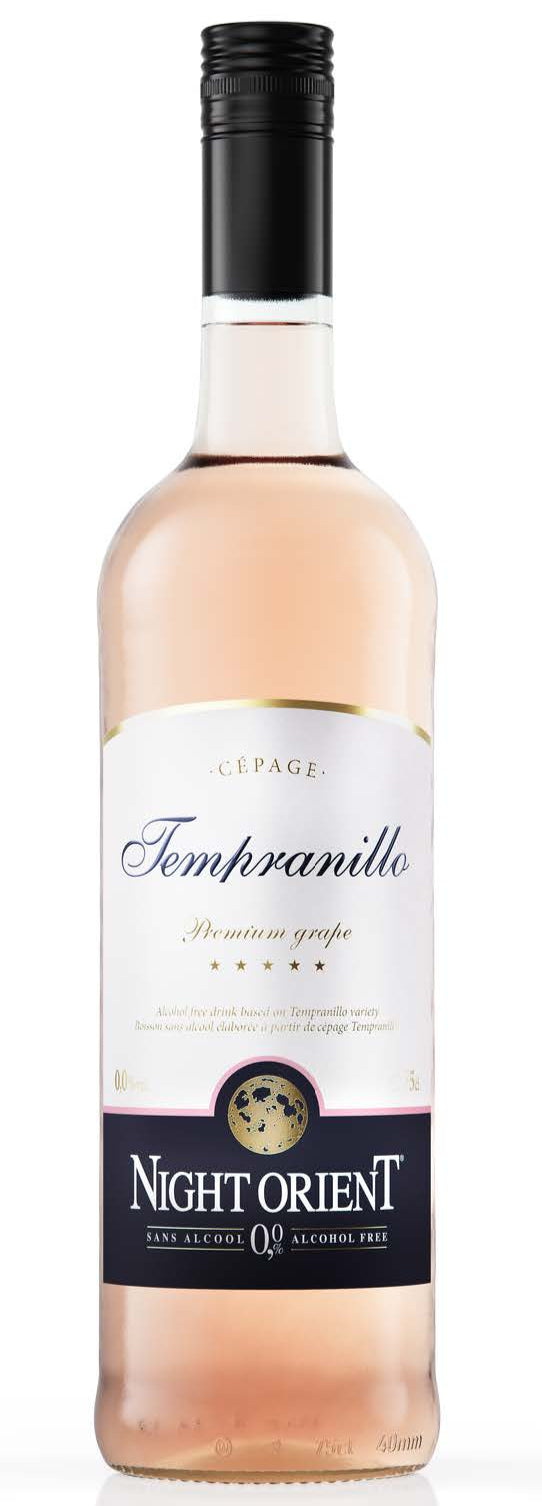 Bottle of Night Orient Alcohol Free Tempranillo Rose, a non-alcoholic rosé wine from Belgium, 750ml