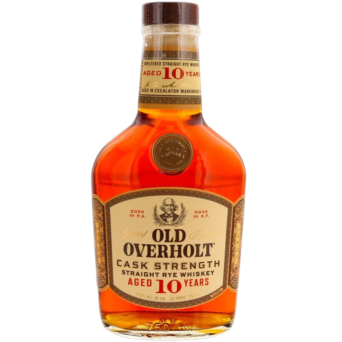 Bottle of Old Overholt 10 Year Cask Strength Straight Rye Whiskey, a Kentucky rye from the United States
