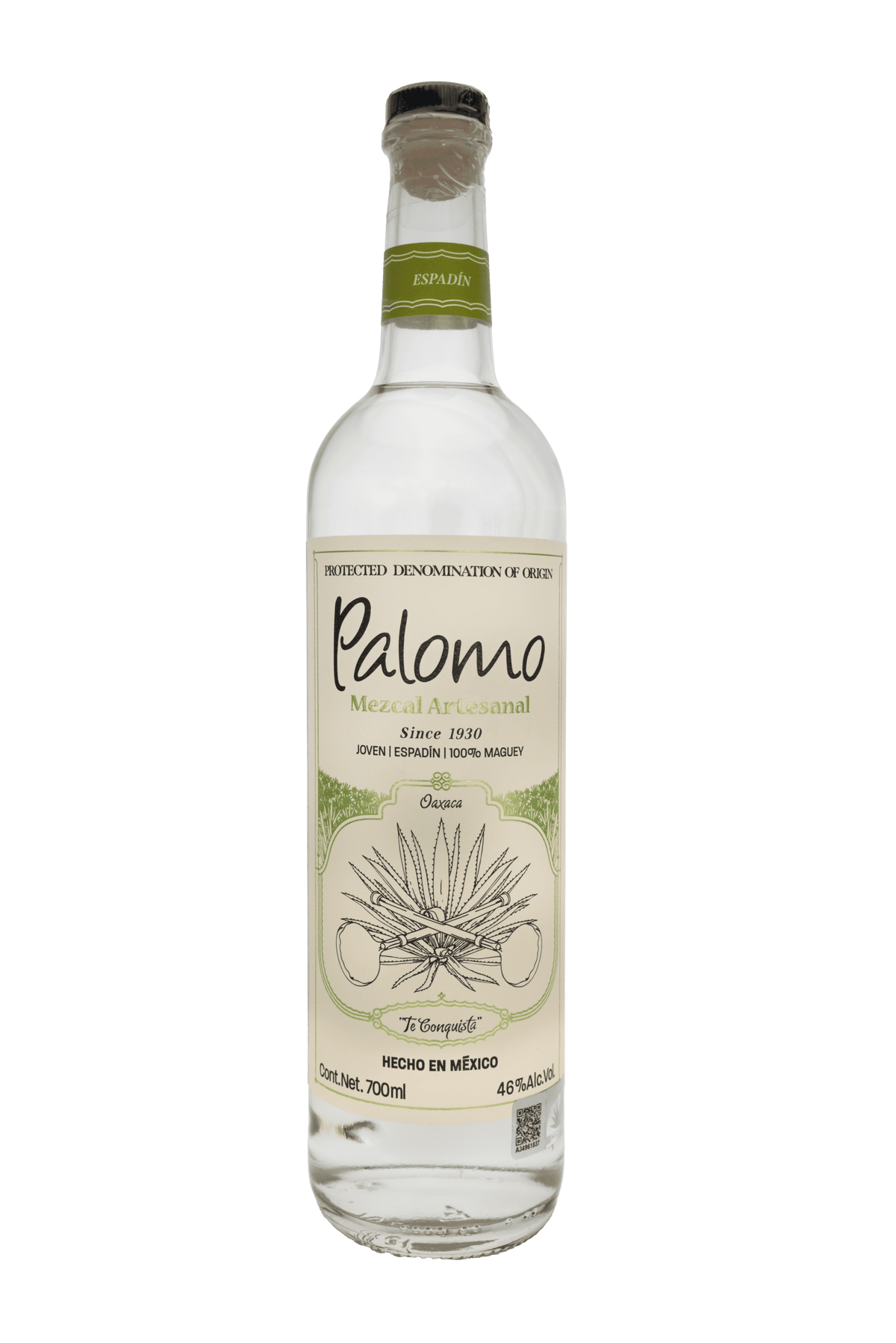Bottle of Palomo Mezcal Artesanal Espadin Joven, an espadín mezcal from Oaxaca, Mexico, 1L