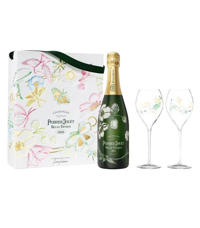 Bottle of Perrier-Jouët Belle Epoque Brut Champagne 2016 with two flutes, a vintage sparkling wine from Champagne, France, 750ml