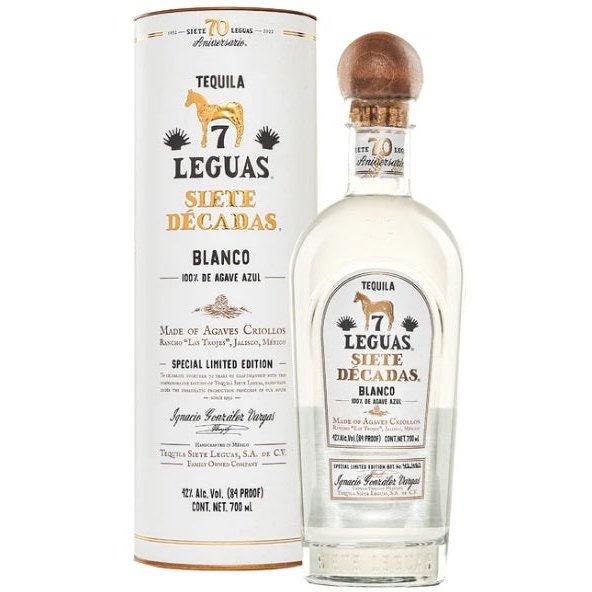 Bottle and gift tube of Siete Leguas Siete Decadas Blanco Tequila, a blanco tequila from Jalisco, Mexico, 700ml