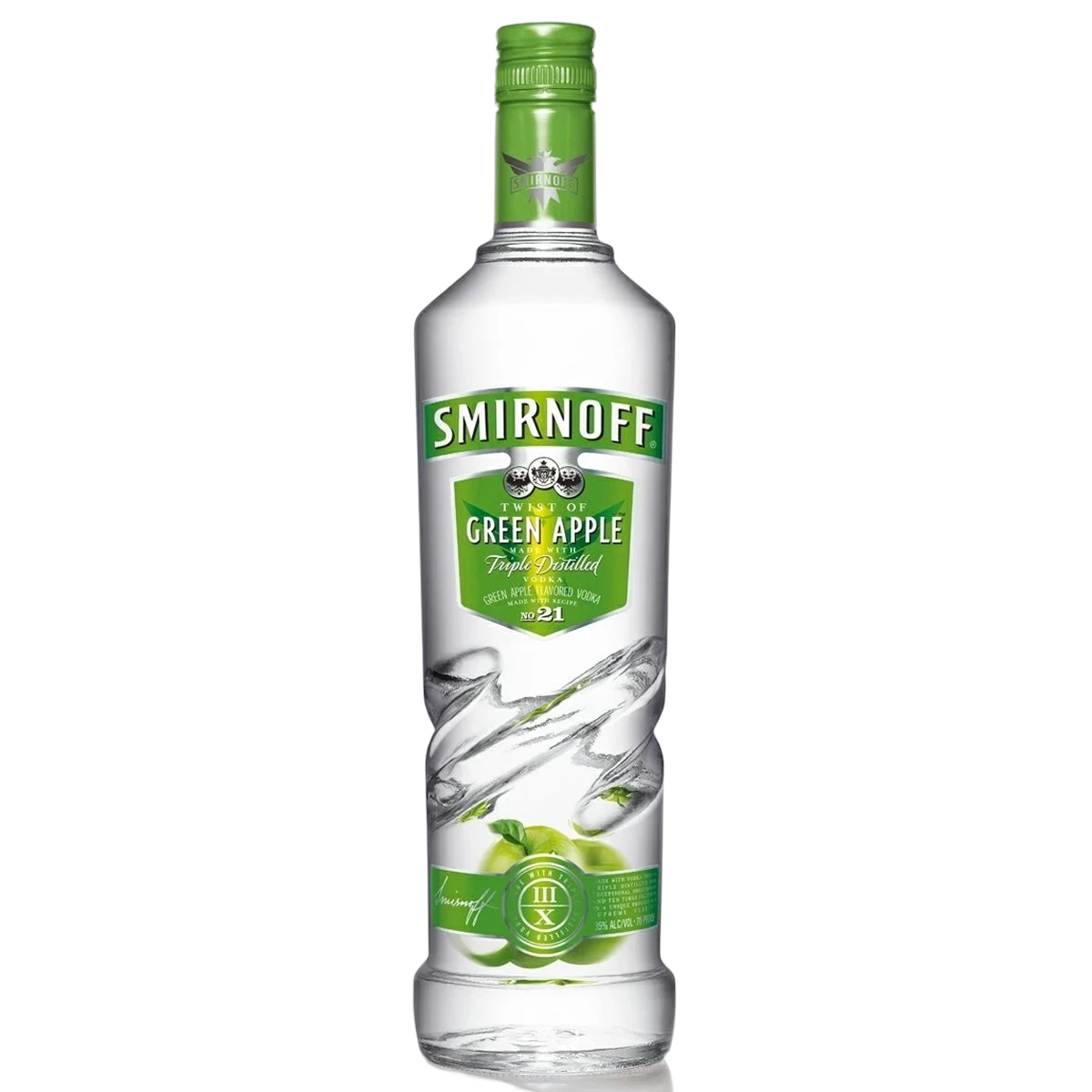 Bottle of Smirnoff Green Apple Vodka, an apple vodka from the United States