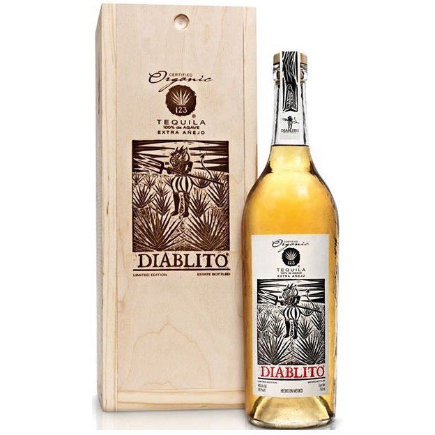 Bottle and wooden box of 123 Organic Diablito Extra Anejo Tequila, an extra añejo tequila from Jalisco, Mexico, 750ml
