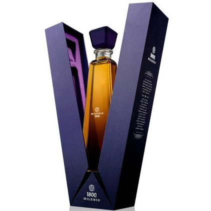 Bottle and gift box of 1800 Milenio Extra Anejo Tequila, an extra añejo tequila from Jalisco, Mexico, 750ml