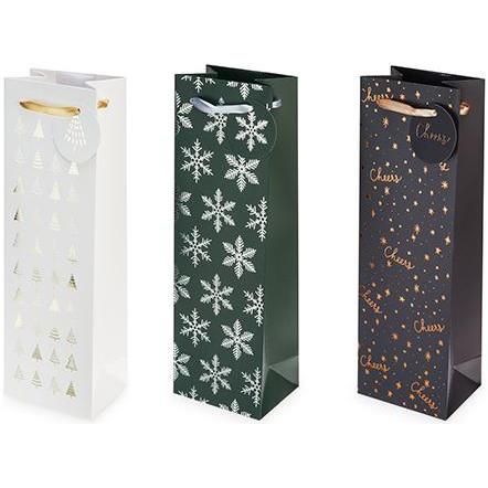 Assorted holiday-pattern single bottle wine gift bags with foil accents and ribbon handles