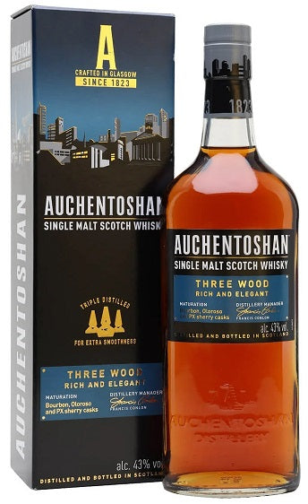 Bottle of Auchentoshan Three Wood, a Lowland single malt Scotch whisky from Scotland