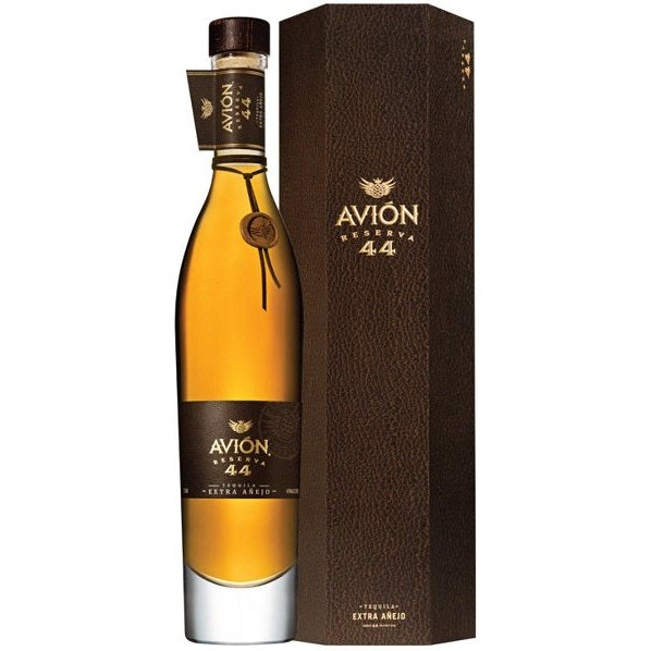 Bottle and gift box of Avion Reserva 44 Extra Anejo Tequila, an extra añejo tequila from Jalisco, Mexico, 750ml