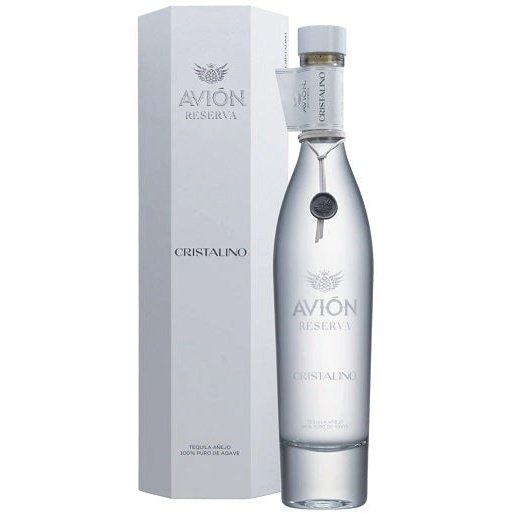 Bottle and gift box of Avion Reserva Cristalino Anejo Tequila, a cristalino añejo tequila from Jalisco, Mexico, 750ml