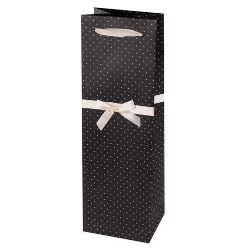 Black paper wine gift bag with white polka dots and a white bow on the handle