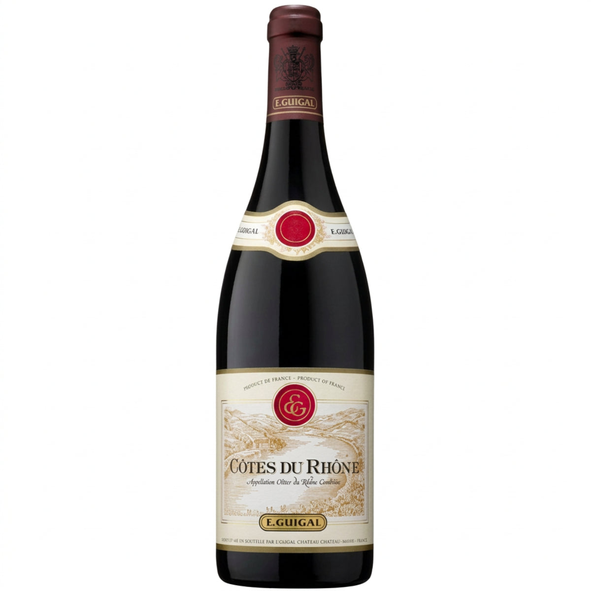 Bottle of E. Guigal Cotes du Rhone 2022, a red wine from Côtes du Rhône, France, 750ml