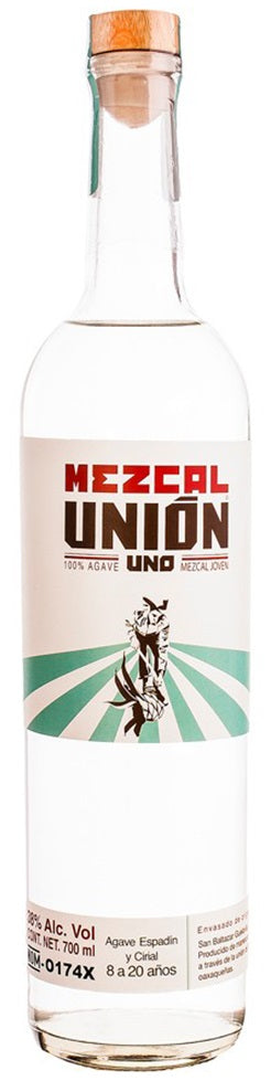 Bottle of Mezcal Union Uno Joven, an espadín and cirial mezcal from Oaxaca, Mexico