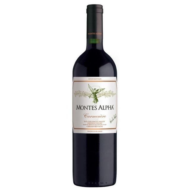 Bottle of Montes Alpha Carmenere 2022, a red wine from Colchagua Valley, Chile, 750ml